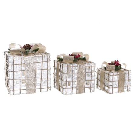 Set di Scatole Decorative DKD Home Decor Dorato Bianco LED Rattan (25 x 25 x 28 cm)