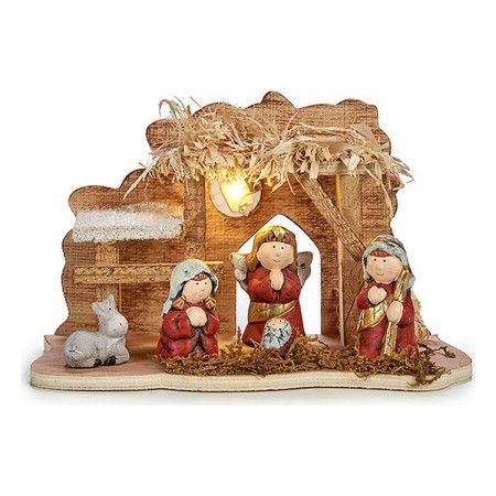 Presepe di Natale Luce LED Ceramica Rosso Grigio Legno Marrone (24,5 x 14,5 x 9,5 cm)