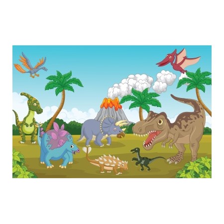 Carta Da Parati Dinosauri E Vulcano Colorati- Dimensione: 90x60 cm