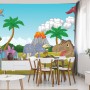 Carta Da Parati Dinosauri E Vulcano Colorati- Dimensione: 180x120 cm