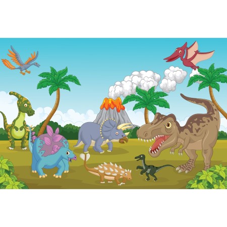 Carta Da Parati Dinosauri E Vulcano Colorati- Dimensione: 180x120 cm