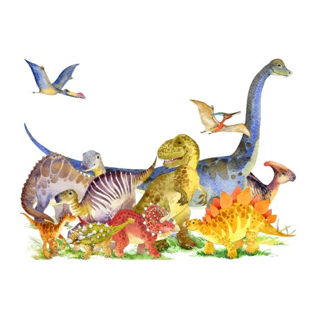 Carta Da Parati Dinosauri Dipinti Ad Acquerello- Dimensione: 208x146 cm