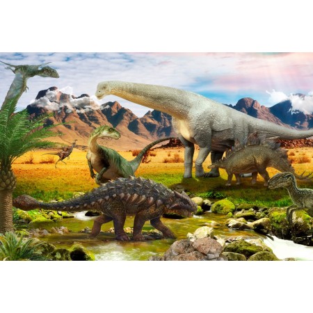 Carta Da Parati Dinosauri Realistici In Riva Al Fiume- Dimensione: 90x60 cm