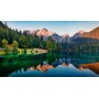 Carta Da Parati Calm Morning View Of Fusine Lake. Colorful Summer Sunrise In Julian Alps With Mangart Peak On Background, Provin