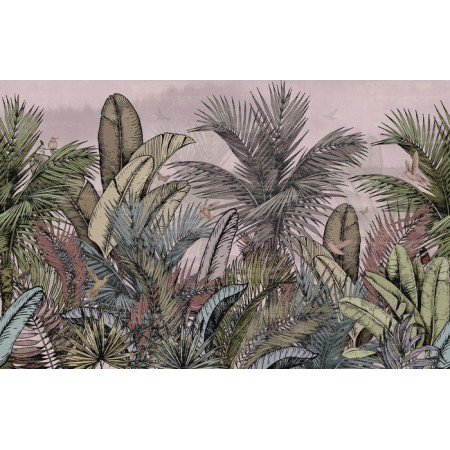 Carta Da Parati Pattern Wallpaper Jungle Tropical Drawings Of Palms Trees And Birds Of Different Colors With Birds And Pink Back