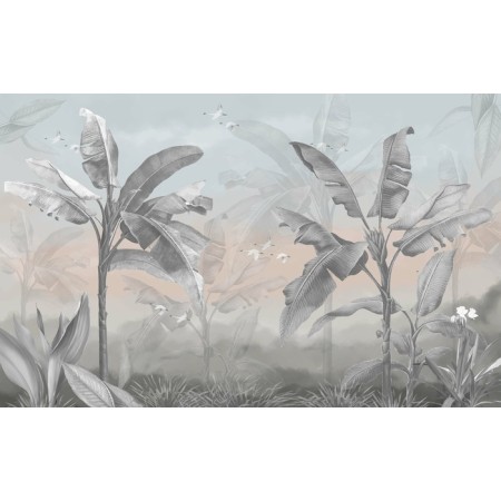 Carta Da Parati Banana Tree Wallpaper Design With Pastel Tones, Tropical Landscape, Mural Art.- Dimensione: 360x240 cm