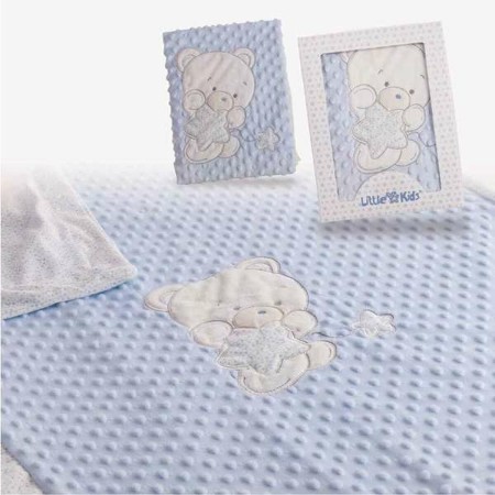 Coperta per Neonato Orso Ricamo Azzurro Doppia 100 x 75 cm