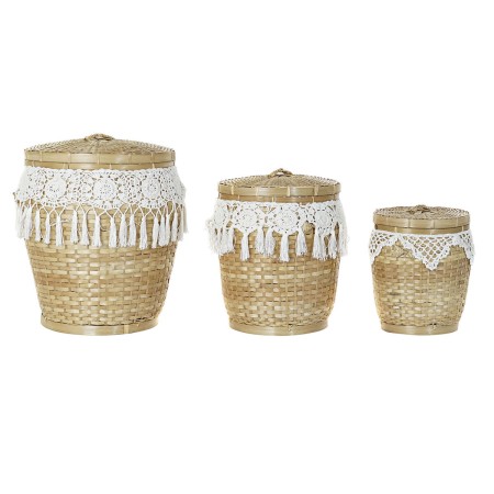 Set di Cestini DKD Home Decor Bianco Naturale Bambù Boho 39 x 39 x 45 cm