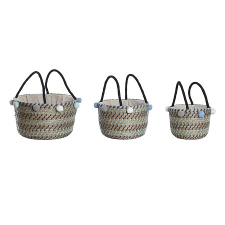 Set di Cestini DKD Home Decor Poliestere Pompon 43 x 43 x 43 cm Erba di mare