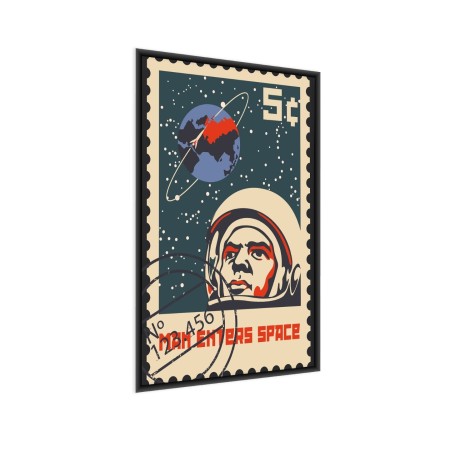 Manifesto Francobollo D&amp039epoca Con Astronauta E Terra Telaio Alluminio Colore Argento - Dimensione: 50x70 cm