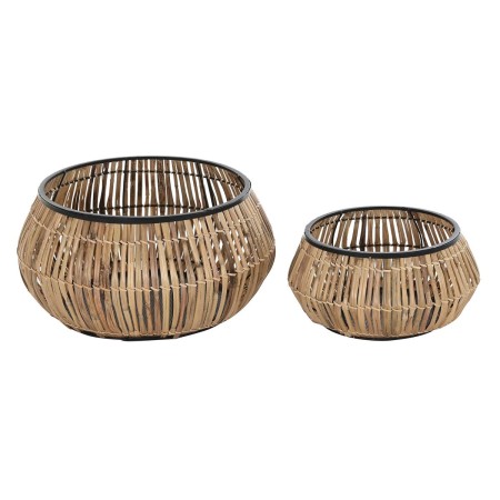 Set di Vasi DKD Home Decor Naturale Nero Metallo Rattan (50 x 50 x 25,4 cm)